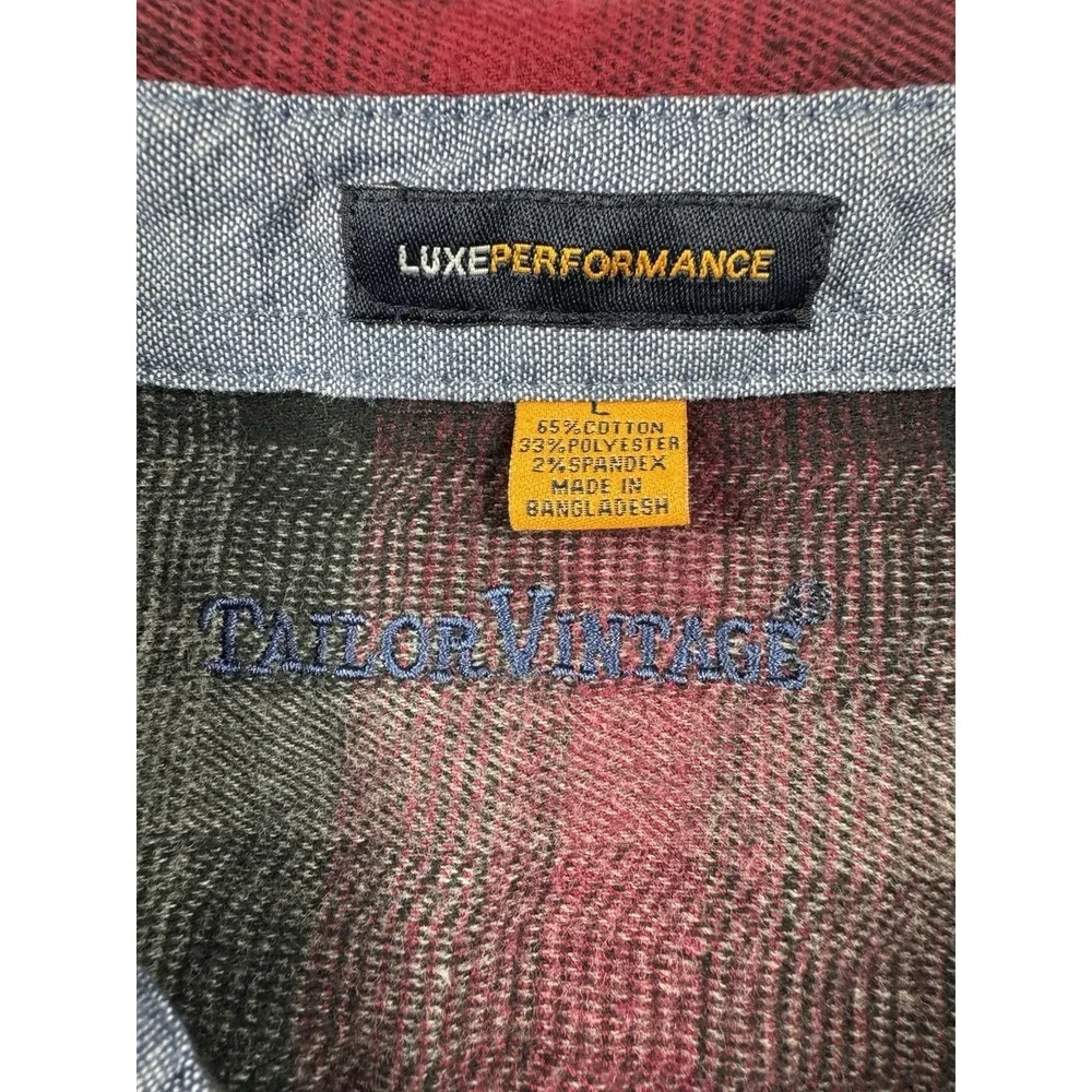Tailor Vintage Flannel Shirt Mens Large Maroon Black Grey Plaid Luxe Performance
